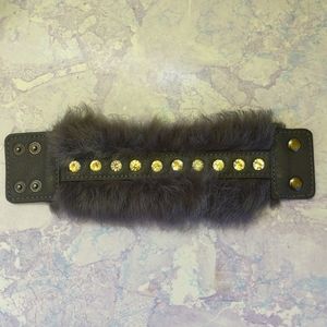 Vintage grey rabbit fur and leather bracelet